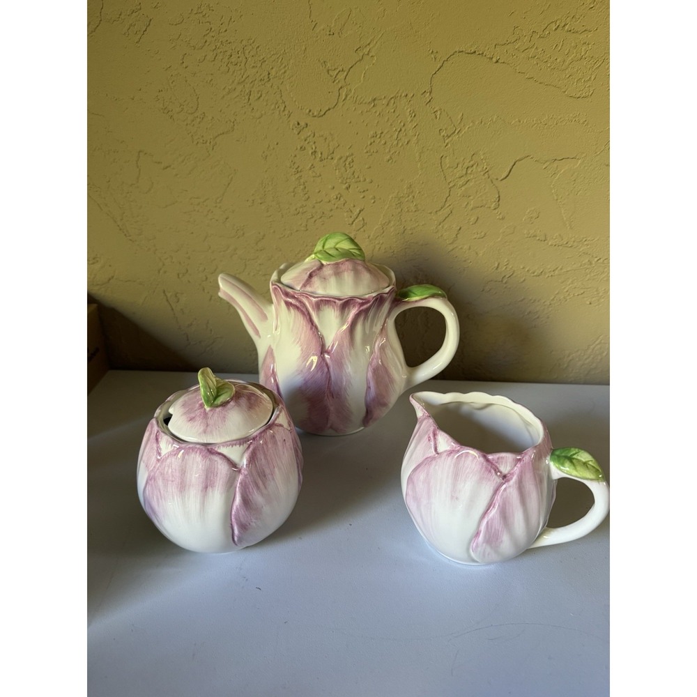 1992 Bombay Co Pink Tulip Teapot Sugar Creamer Set Ceramic Figural Tea Service